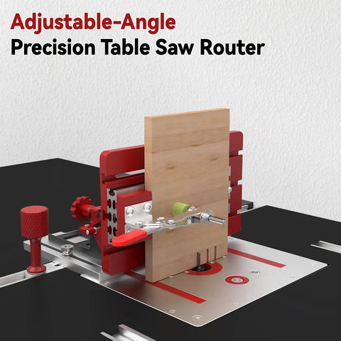 Adjustable Aluminum Table Saw Router Table Joinery Sled With Quick Clamps for bevel and coping cuts, shown set up on table saw