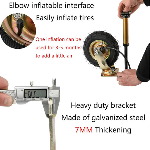 4 Pack Heavy Duty Rubber Caster Wheels Featuring Antislip Tires That Deliver Knockout Traction And Zero Vibration Noise Built Tough For Garage Cart And Industrial Rack Upgrades Ready To Handle Any Heavy Load Job, showcasing inflatable tire inflating mechanism.