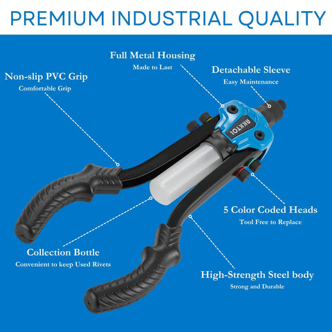 Two Handed Heavy Duty Rivet Gun Kit With 13 Inch Reach 210 Blind Rivets And Five Nosepieces Including Three Sixteenth Inch For Metal Projects