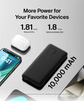 Heavy Duty 10K Portable Charger Power Bank With Integrated Usb C And Lightning Cables To Keep Your Phone Fully Juiced Using Rapid 23W Fast Charging Road Trip Essential with 10,000 mAh capacity and devices charging status.