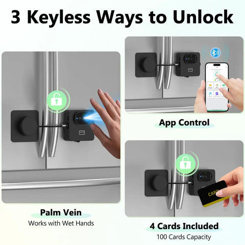 Palm Vein Fridge Lock With App Control, Smart Biometric Refrigerator Lock showing 3 unlocking methods: palm vein, app, RFID cards
