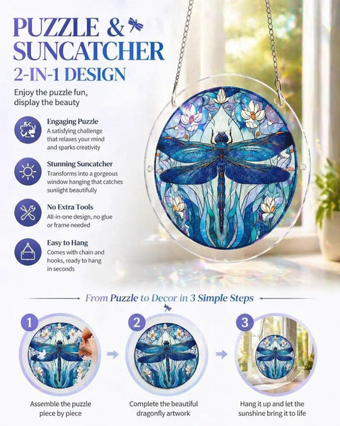 Acrylic Sun Catcher Puzzle Kit With 83 Pieces, dragonfly design displayed as a stained glass style suncatcher in a window.