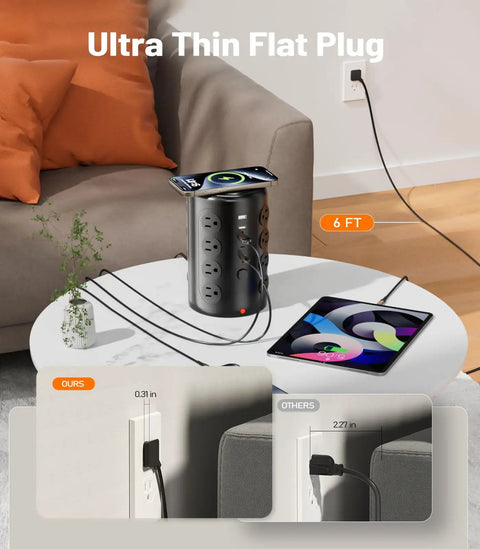 Beefy 21 in 1 Heavy Duty Power Strip Tower With 16 Outlets And 5 USB Ports USB A And USB C 6 Foot Extension Cord shown on desk