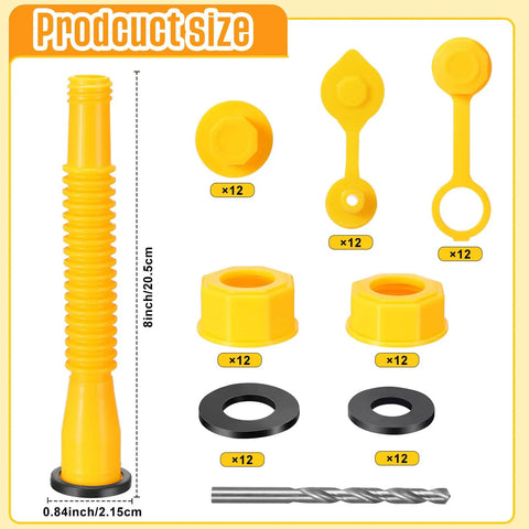 Gas Can Spout Replacement Kit With Nozzles Caps Gaskets And Drill Bit For Most One Half Gallon, Five Gallon And Ten Gallon Oil Cans Includes 12 Tank Nozzles, 24 Caps With 12 Fine Thread And 12 Coarse, 12 Spout Caps, 24 Gaskets Great For Diyers And Shop, displayed with product size.