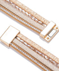 Premium Gold Boho Leather Wrap Bracelet Featuring Chunky Crystal Beads And Sparkling Rhinestone Layers With Strong Magnetic Clasp top view