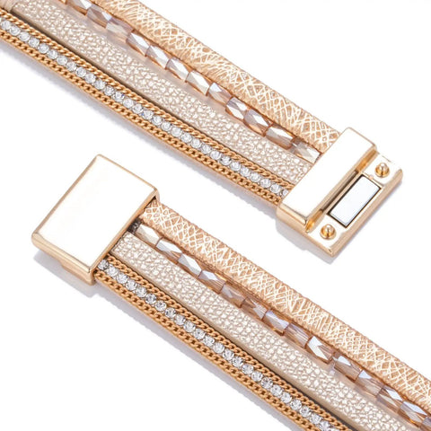 Premium Gold Boho Leather Wrap Bracelet Featuring Chunky Crystal Beads And Sparkling Rhinestone Layers With Strong Magnetic Clasp top view