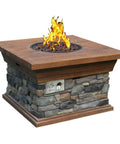 Outdoor fire pit with wood finish and stone base using Fire Pit Burner Valve System Kit With Flame Failure Safety Valve And Push Button Igniter.