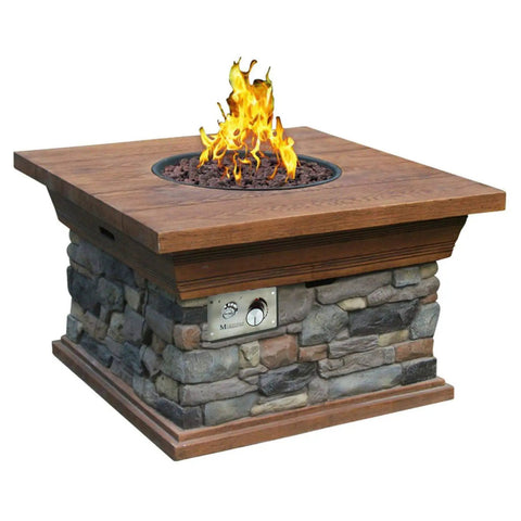 Outdoor fire pit with wood finish and stone base using Fire Pit Burner Valve System Kit With Flame Failure Safety Valve And Push Button Igniter.