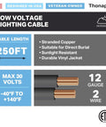 Beefy 12/2 Low Voltage Landscape Wire, 250 Ft Black Outdoor Cable For Landscape Lighting, Flexible, Weatherproof Features Chart