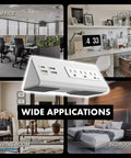 Slick Desk Edge Mount Power Strip Boasting Fast USB-C Charging, Three AC Outlets Plus Extra USB-A Ports shown in various rooms.