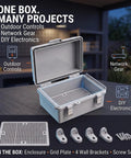 Rugged IP67 Outdoor Electrical Junction Box ABS Weatherproof Enclosure featuring solid sealed rubber gasket, shown open with accessories.