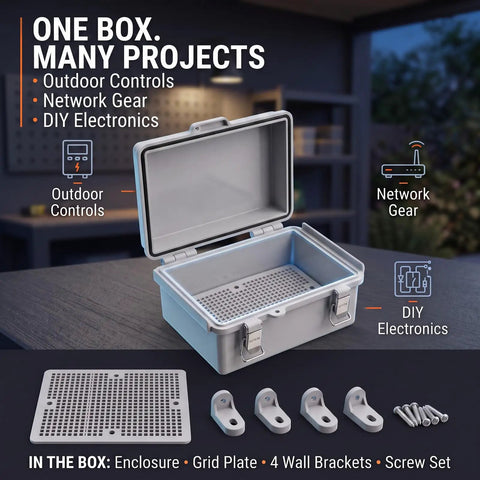Rugged IP67 Outdoor Electrical Junction Box ABS Weatherproof Enclosure featuring solid sealed rubber gasket, shown open with accessories.
