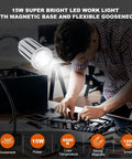 Magnetic LED Work Light 15W 1200LM with flexible gooseneck and base illuminating a workbench in a garage setting.