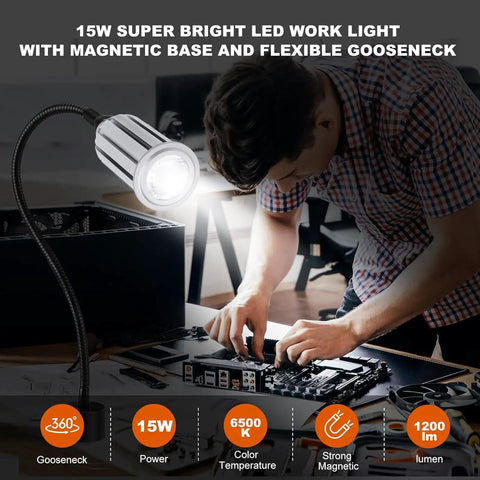Magnetic LED Work Light 15W 1200LM with flexible gooseneck and base illuminating a workbench in a garage setting.