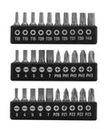 Close-up of screwdriver bit set from 102 Piece Home Tool Set With Storage Case General Household Tools Kit Durable Wrench Socket Screwdriver Hammer Tape Measure Pliers And More For Quick Home Repairs Garage Ready Pro Grade Quality.