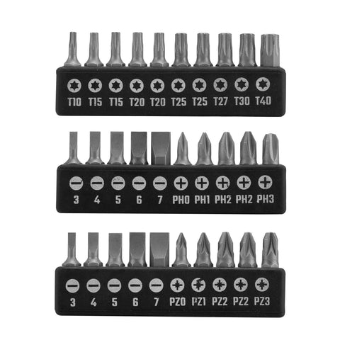 Close-up of screwdriver bit set from 102 Piece Home Tool Set With Storage Case General Household Tools Kit Durable Wrench Socket Screwdriver Hammer Tape Measure Pliers And More For Quick Home Repairs Garage Ready Pro Grade Quality.
