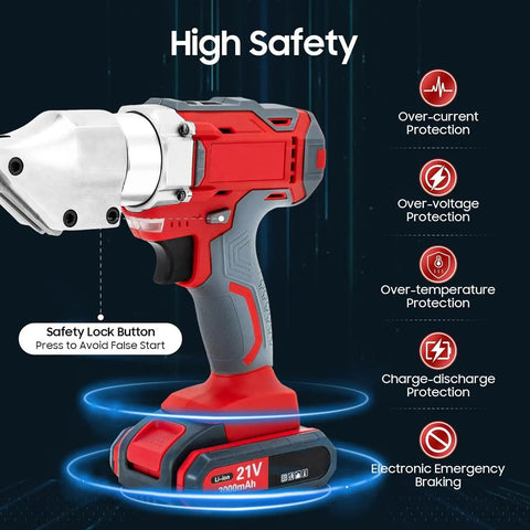 Heavy Duty 21V Cordless Sheet Metal Shear With Brushless Motor And Batteries showing safety features and ergonomic grip.