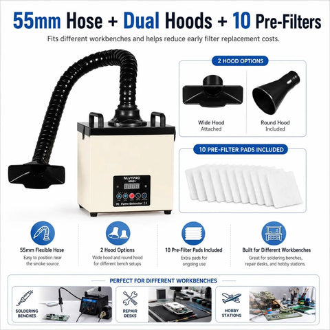 Solder Fume Extractor For PCB Soldering And Electronics Repair 105W Brushless Motor Delivers 155 CFM with Dual Hoods and Filters