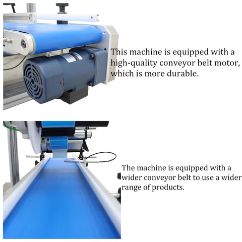 Desktop Conveyor Plane Labeling Machine 110V Plug And Play Adjustable Bottle Label Applicator showing durable motor and wide conveyor belt.