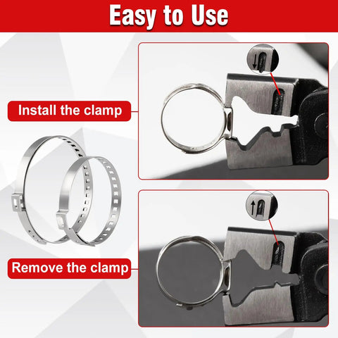 Installation and removal process for 9 Pcs Hose Clamp Pliers With CV Boot Clamp Kit, showing close-up of clamp usage on car parts.