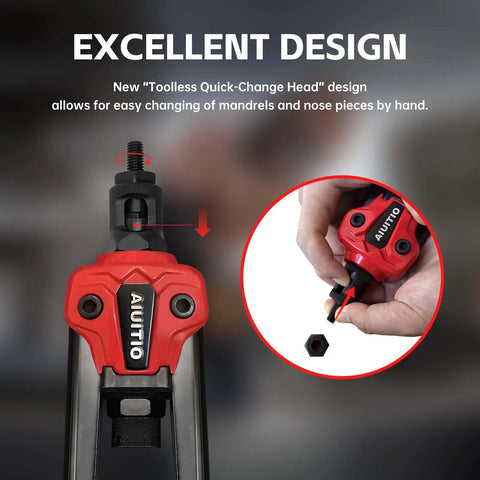Rivet Nut Tool Kit With Step Drill Bit And 90 Rivnuts, 13-Inch Heavy Duty Hand Riveter Set showing toolless quick change head.