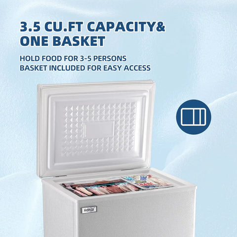Real Deal 3.5 Cu Ft Compact Chest Freezer With Removable Storage Basket And Smooth Thermostat Dial For Low Noise Dorm Room Or Garage Cold Storage Efficiency, open lid showing food storage.