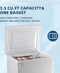 Game Changer Mini Chest Freezer 3.5 Cubic Feet With Lift Out Basket And Silent Thermostat top opening showing food storage.