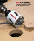 Heavy Duty Top Tier Bi Metal Hole Saw Kit Featuring 30 Piece Tool Set With 10 Inch Extension For No Sweat Wood Metal Pvc Aluminum Drilling, close-up of cutter with plug on wood.