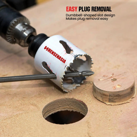 Heavy Duty Top Tier Bi Metal Hole Saw Kit Featuring 30 Piece Tool Set With 10 Inch Extension For No Sweat Wood Metal Pvc Aluminum Drilling, close-up of cutter with plug on wood.