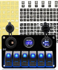 Beefy 12V Marine Rocker Switch Panel 6 Gang With Blue LED Waterproof Toggle Control, includes voltmeter and USB charger