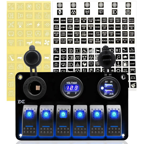 Beefy 12V Marine Rocker Switch Panel 6 Gang With Blue LED Waterproof Toggle Control, includes voltmeter and USB charger