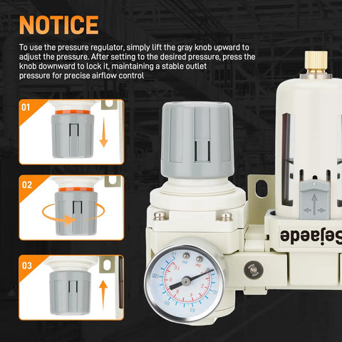 Three Eighths Inch NPT Air Compressor Filter Dryer With Auto And Semi Auto Dual Drain, setup instructions visible