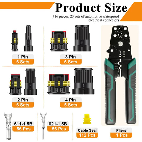 316 Piece Waterproof Automotive Electrical Connector Kit With 23 Sets Sealed Wire Connectors For 22 To 16 AWG Includes 1 Pin 2 Pin 3 Pin And 4 Pin Ignition Plug Connectors With Crimp Pliers And Terminals
