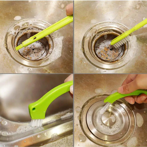 3 In 1 Grout Cleaner Brush With Long Handle in use around sink drain, green handle and stiff bristles shown cleaning edges.