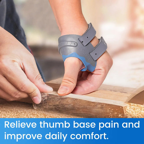 Person wearing CMC Thumb Brace for Osteoarthritis, Right Hand, Medium, Blue, using woodworking tool, providing thumb support.