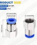 Measurement details of 2 Pcs Push To Connect Fittings For 0.39 In OD Tubing And 3/8 In NPT Nickel Plated Brass Straight Pneumatic Female Adapter