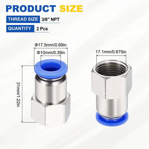 Measurement details of 2 Pcs Push To Connect Fittings For 0.39 In OD Tubing And 3/8 In NPT Nickel Plated Brass Straight Pneumatic Female Adapter