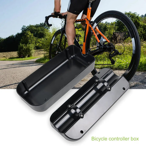 Heavy Duty Waterproof Ebike Controller Box And Sealed Electric Scooter Case With Dustproof Weather Hardened Housing For Control Units featuring a black plastic design beside a bike.
