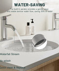 Brushed Nickel Single Hole Bathroom Faucet With One Handle shown illustrating water-saving waterfall stream feature