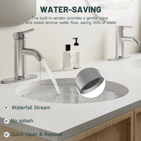 Brushed Nickel Single Hole Bathroom Faucet With One Handle shown illustrating water-saving waterfall stream feature