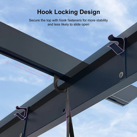 Hook locking design on aluminum outdoor pergola with wind resistant frame, retractable canopy and double sun shade, 10 by 13 feet
