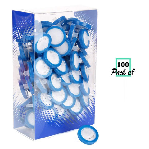 Nylon Syringe Filters 25mm Diameter 0.22 Micron Pore Size Non Sterile 100 Pack Hydrophilic Membrane stacked in a clear box