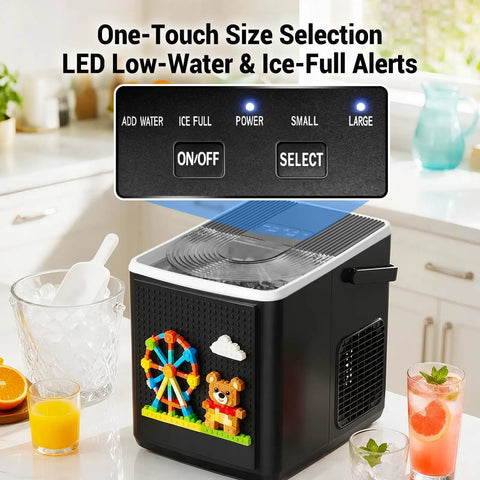 Portable Countertop Ice Maker Featuring Modular Swappable Blocks And Instant Six Minute Freeze Cycles Generating Twenty Six Pounds Of Fresh Ice Daily For Zero Hassle Super Chill Vibes with control panel and bullet ice.