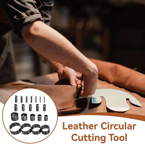 Person using 21 Piece Leather Circle Cutter Set Pro Grade Circle Punch Kit 1mm To 55mm With High Carbon Steel Round Cutting Dies