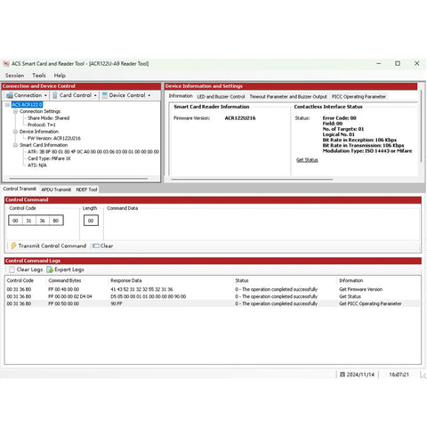 Screenshot of ACR122U NFC Card Reader Writer USB with SDK for ISO 14443 Mifare and FeliCa Cards software interface.