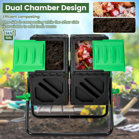 Dual Chamber Compost Tumbler With 34 Point 5 Gallon Capacity, Outdoor Rotating Composter With Aeration And Two Sliding Doors