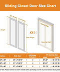 Diagram of sliding closet door size chart with measurements for slab width and height, and fit opening size for installation guidance.