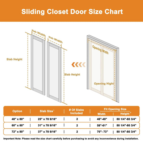 Size chart for Frosted Glass Sliding Closet Door Kit With Hardware, 72 By 80 Inches, Double Barn Doors