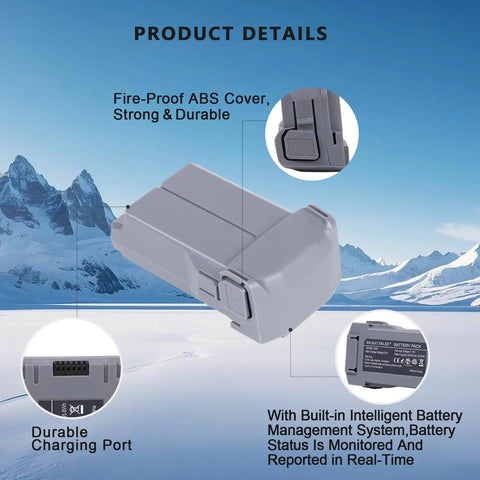 Gray 5000mAh battery with fire-proof ABS cover and charging port for DJI Mini 3 to 5 Pro, labeled product details and benefits.