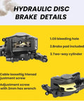 HB-100 Hydraulic Disc Brake Caliper Kit with front and rear black calipers, beefed up line pull hydraulic system and smooth modulation details